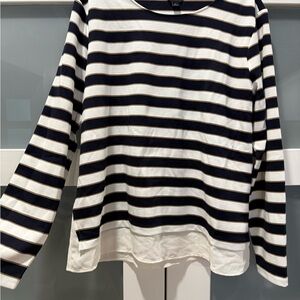 Ann Taylor Navy and Cream Striped Top with Layered Hem Size Large